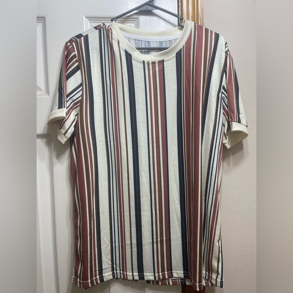 Tan Shirt with Black, brown, rust brown & dark olive stripes